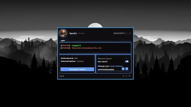 Spoofer utility window listing MSI motherboard details beside a Permanent Spoof button on a night sky wallpaper