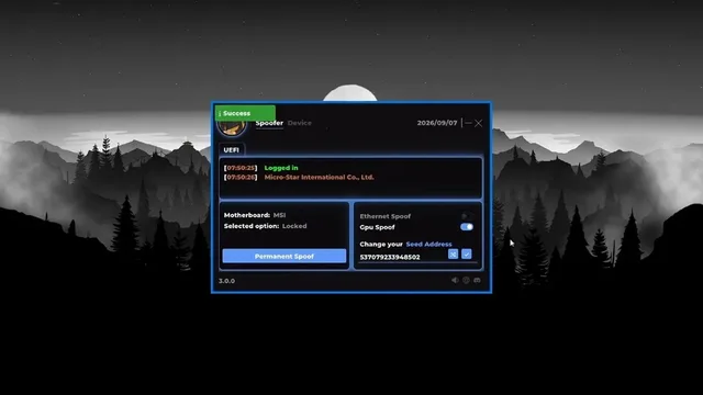 Desktop spoofer app showing a green Success header and UEFI login trace over a forest background